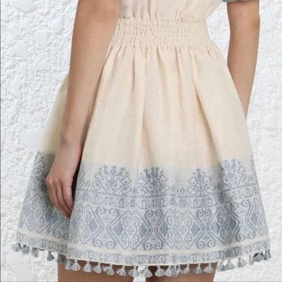 Zimmermann Helm Split Neck Jacquard Fringe Tassel Linen Lace Mini Dress - Picture 4 of 12